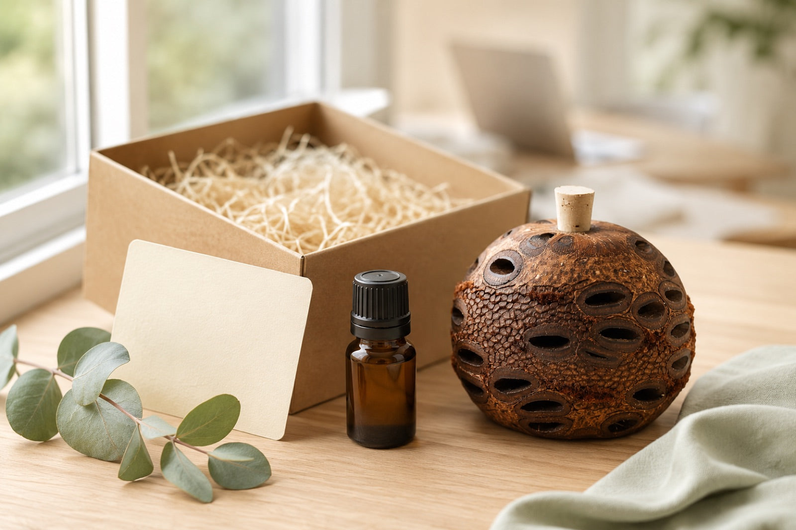 Australian-made Banksia pod diffuser corporate gift box with essential oil, card and eucalyptus
