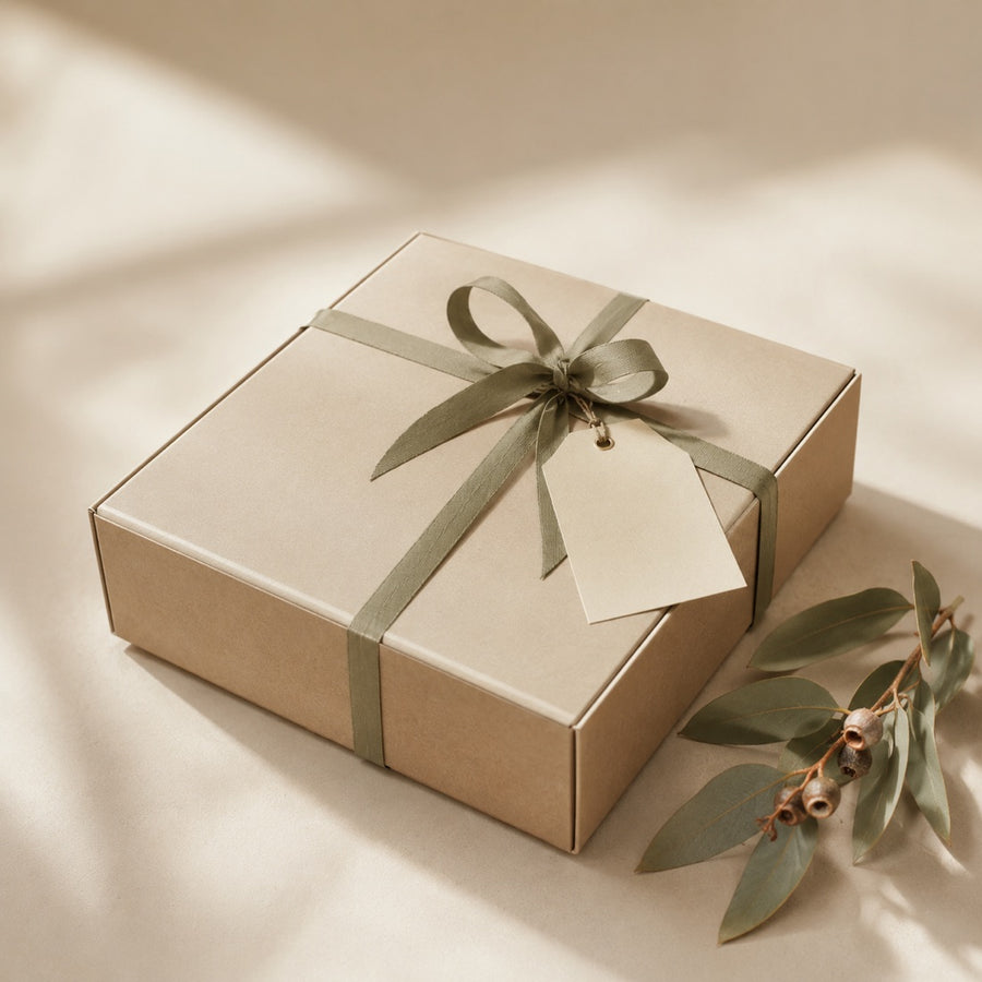 Closed kraft corporate gift box with sage ribbon and gift tag