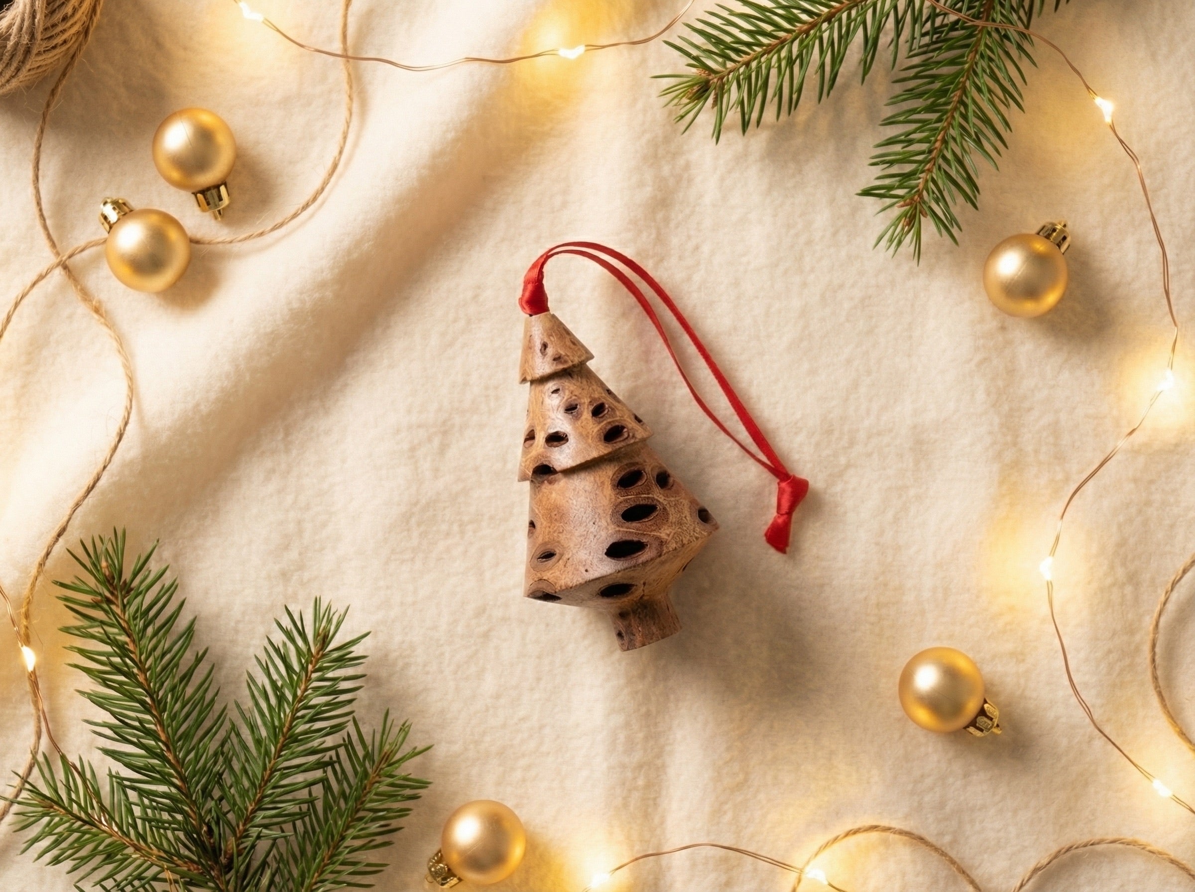 Close-up of natural Banksia seed pod texture on a handcrafted tiered Christmas ornament