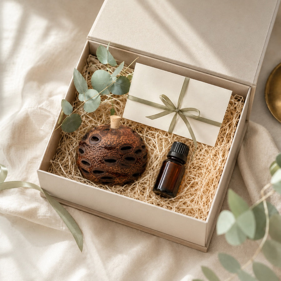 Premium Banksia pod gift box with ribboned card and eucalyptus